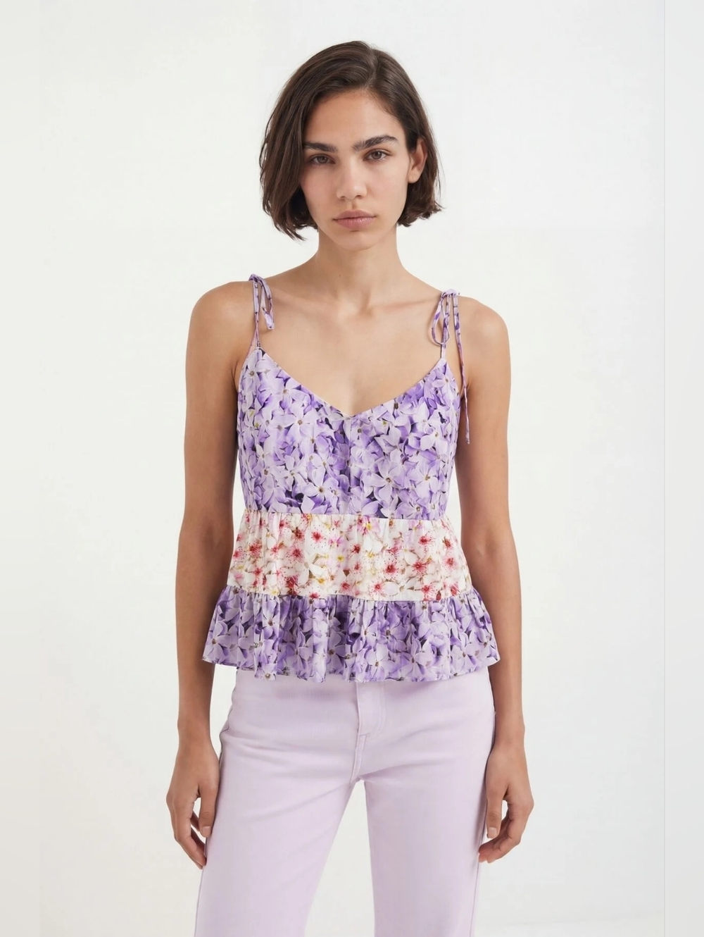 DESIGUAL Purple Cream Bohemian Floral Strap Ruffles Flowy Tank Top Size Medium